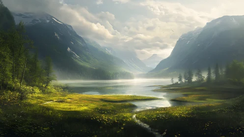 Whispering valley lake under cloud-draped mountain guardians.