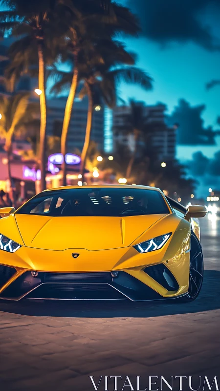 Yellow supercar front view on neon city palm-lined boulevard.