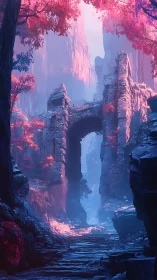 Ruined stone archway in neon-lit canyon with volumetric haze