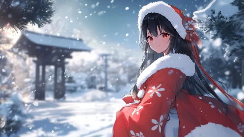 Winter shrine maiden in red kimono amid falling snow.