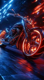 Neon-lit chrome motorcycle races through a futuristic tunnel.