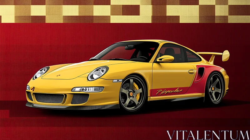 Aerodynamic yellow sports coupé on pixelated red ground.