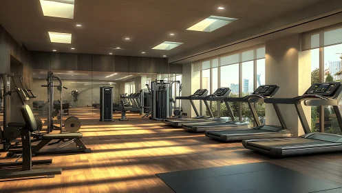Modern sunlit fitness studio overlooks city skyline views.