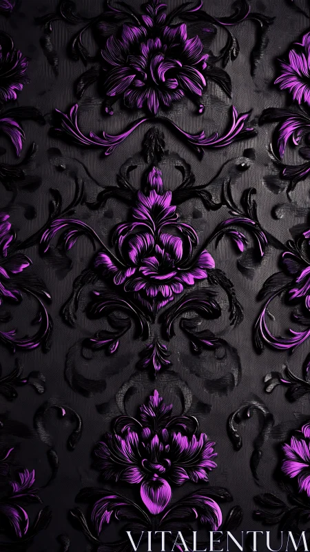 Ornate purple baroque damask pattern on deep black ground.