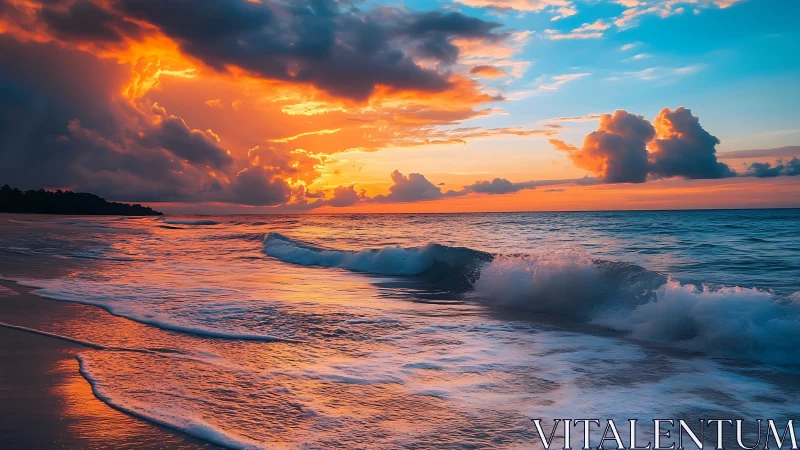 Sunlit clouds hang over rolling waves on a vivid shoreline