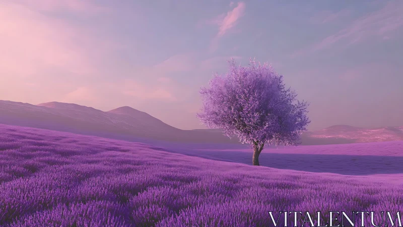 Gentle lavender tree glowing in a dreamy sunset field.