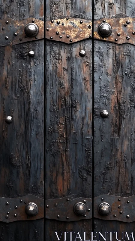 Weathered wooden door panels show rusted metal reinforcements