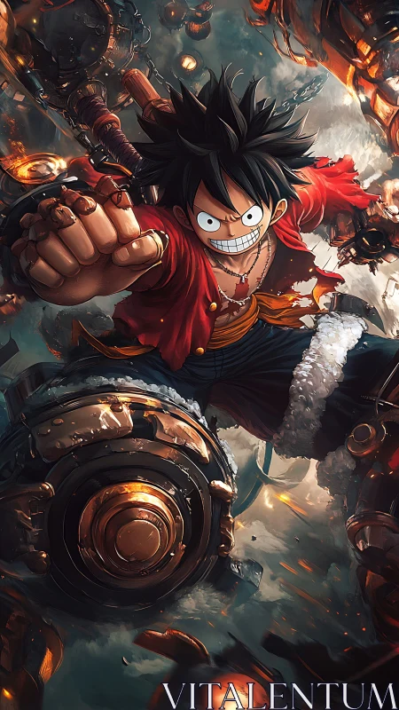 Dynamic anime brawler amid molten steampunk machinery storm.