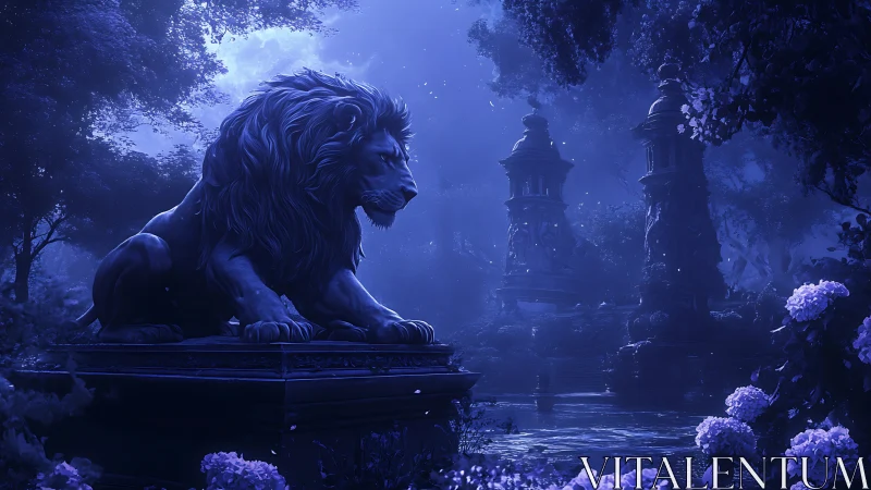 Stone lion statue in moonlit garden with distant towers.