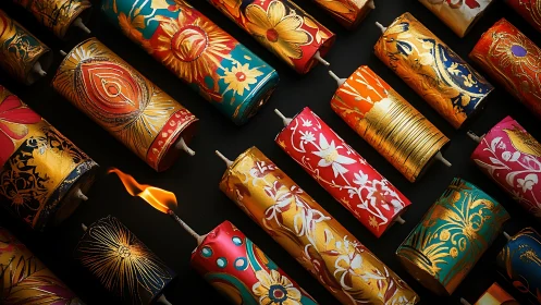 Photorealistic array of painted festival firecrackers on black grid.