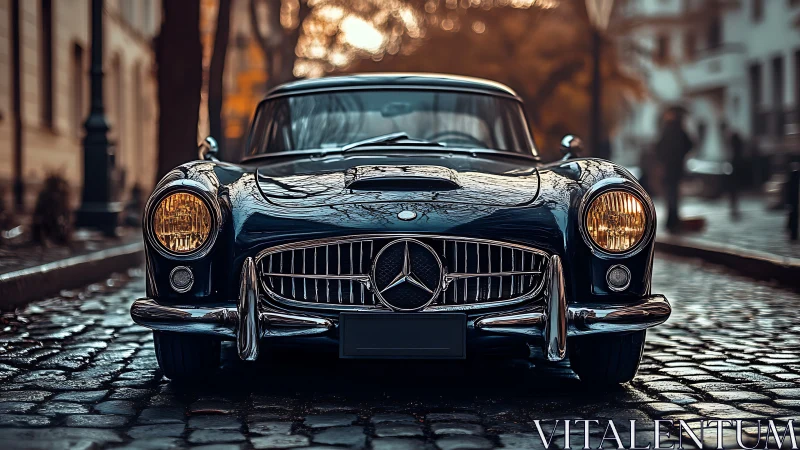Classic black coupe on wet cobblestone street at dusk.