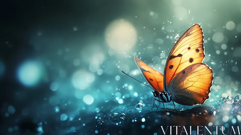 Luminescent macro butterfly with bokeh-saturated aqua field.