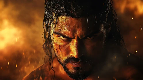 Intense warrior close-up framed by cinematic fiery backlight