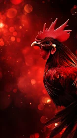 Red rooster profile on abstract bokeh background in red tones.