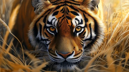 Tiger face close-up in tall golden grass at sunset light.