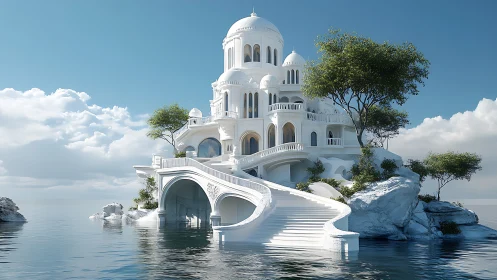 White coastal domed structure on rocky islet over water.