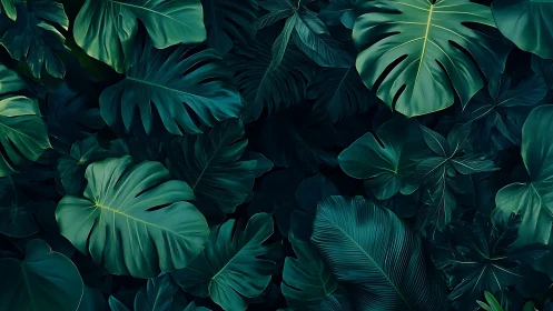 Dense overlapping tropical leaves fill the entire frame