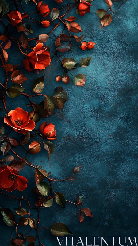Crimson Blooms Against Weathered Teal Surface.