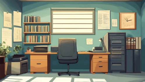 Sunlit minimalist office workspace with ordered storage.