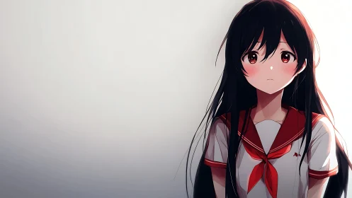 Anime schoolgirl in red sailor uniform against blank background.