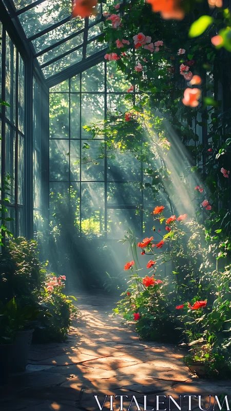 Sunlit garden corridor glows with soft blooms and gentle calm