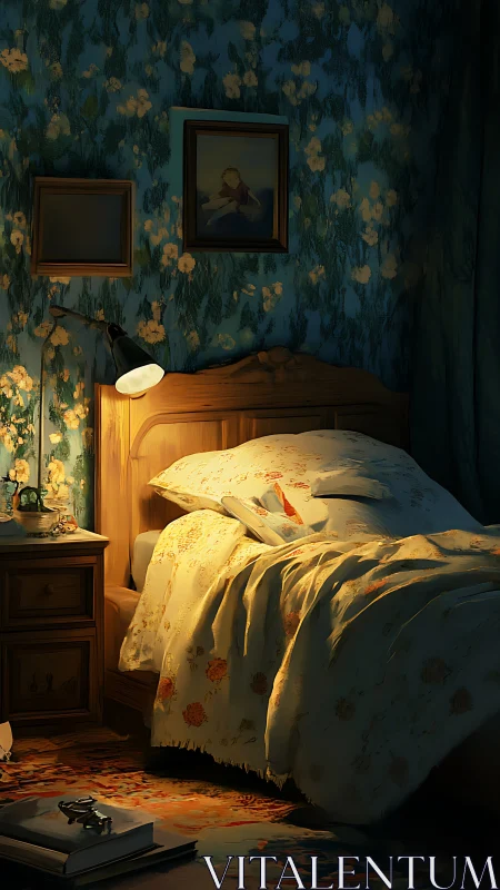 Moonlit floral bedroom cradling a half-read secret story.