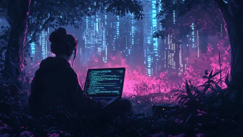 Cyberpunk forest coder in neon bioluminescent datastreams.