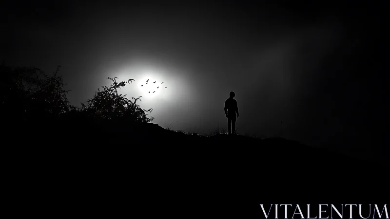 Backlit human silhouette against high contrast night horizon.