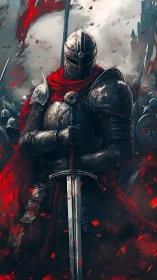 Armored knight with crimson cloak dominates stormy battlefield