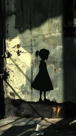 Silhouette of young girl stencil on decayed concrete wall.