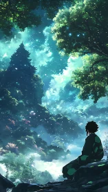 Quiet forest dreamscape with a thoughtful skyward gaze.