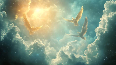 Sunlit seraphim gliding through starlit cathedral clouds.