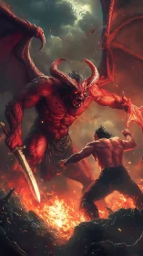 Defiant warrior stands strong before a towering fire demon.