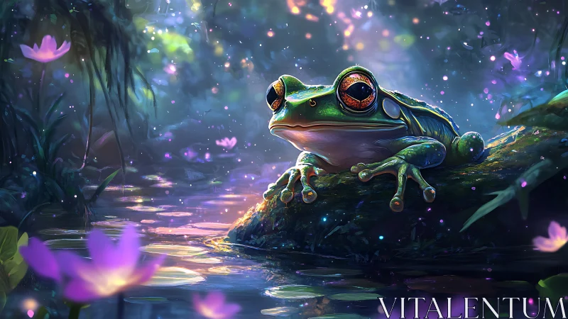 Tree frog rests on mossy log above reflective pond