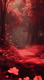 Crimson Forest Path with Luminous Blooms.