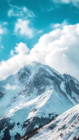 Snow-covered alpine mountain summit under scattered clouds.