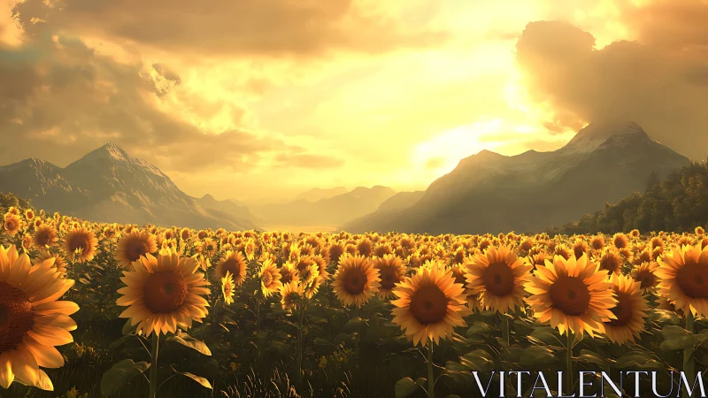 Sunflower field extends toward distant mountain range at sunset
