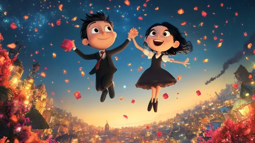 Celestial jubilation rendered with parametric 3D character animation against urban landscape