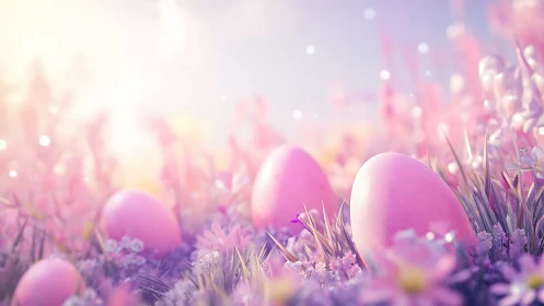 Soft pink Easter eggs glow gently in a dreamy spring meadow
