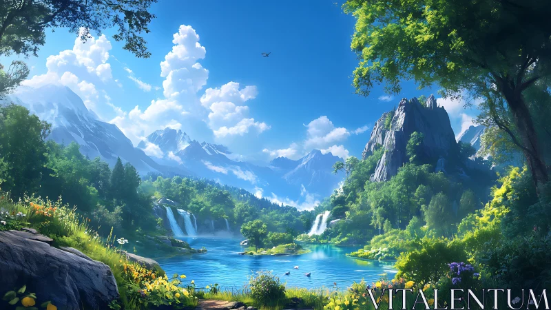 Lush mountain valley lake with waterfalls under clear sky.
