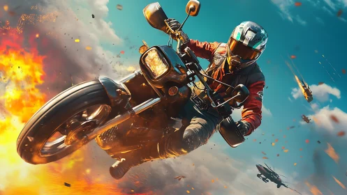 High-speed motorcycle jump amid aerial combat fireball