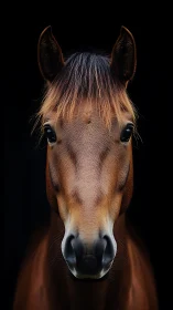 Close-up portrait of brown horse against black background.