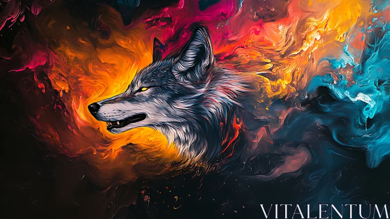 Wolf head emerges through swirling fire and ice nebula