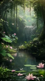 Fairy-bright lotus pond hums beneath a secret jungle waterfall