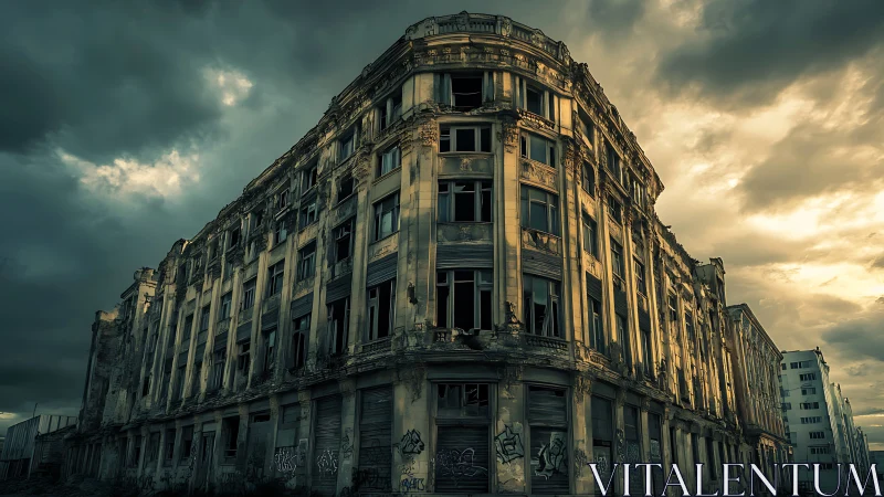 Stormlit skeleton hotel brooding at the edge of twilight.