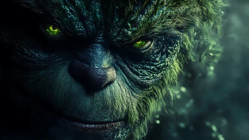 Green-skinned creature face rendered with intense yellow eyes