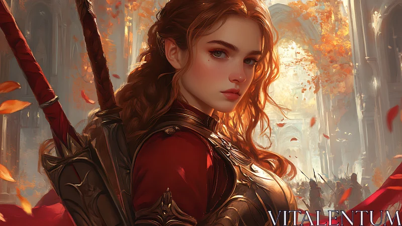 Armored elven warrior stands in autumn-lit cathedral corridor