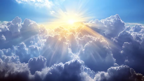 Photorealistic cumulus cloudscape with radiant sunrise light beams.