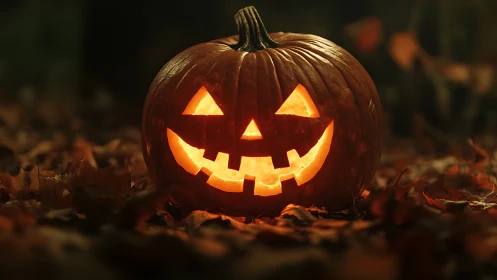 Grinning jack o lantern glows over rustling autumn leaves.