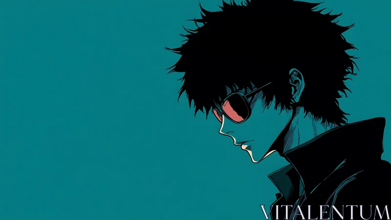 Profile view shows stylized figure in sunglasses on teal field